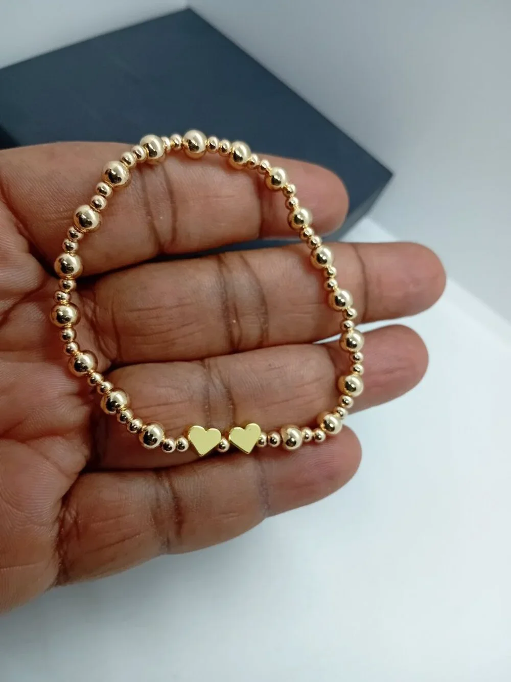 14K Gold Filled Stretch Bead Bracelet Gold Heart Charms 5MM / 3MM Stacks Women